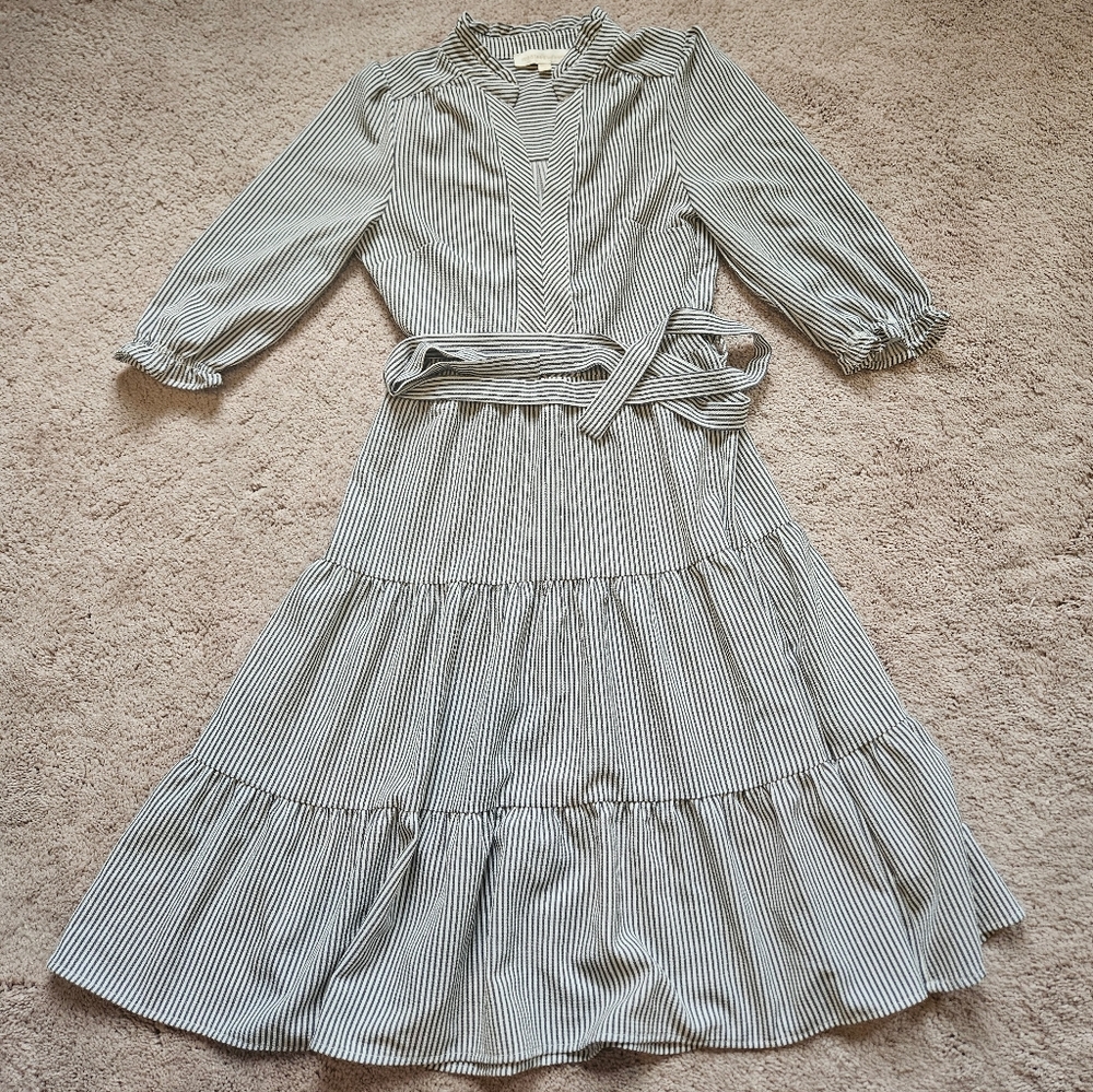 Monteau Los Angeles Seersucker Cottagecore Ruffled Dress With Belt Womens S